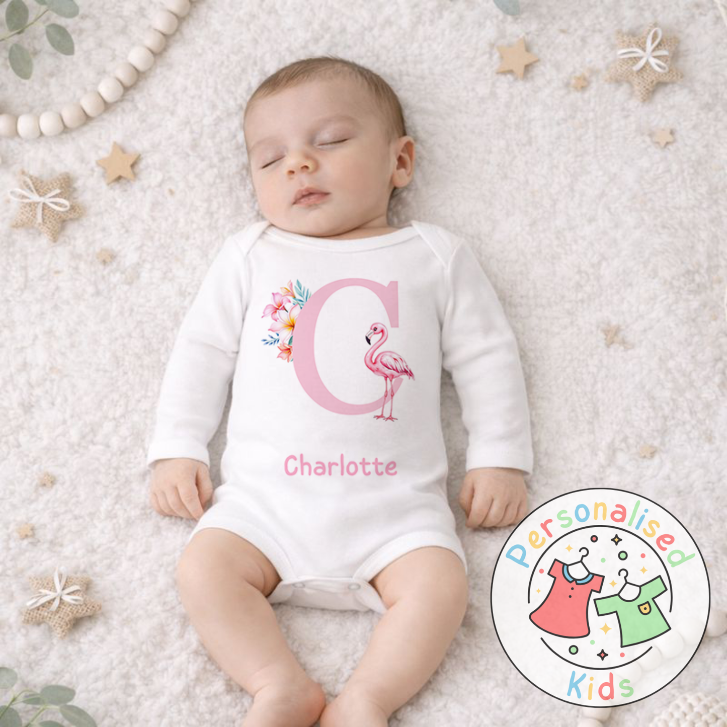 Personalised Initial Pink Flamingo Baby Outfit PF002