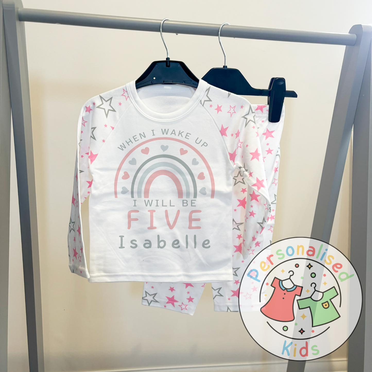 🌈 Personalised Pink & Grey Rainbow "When I Wake Up I Will Be" Birthday Pyjamas – Custom Age & Name 🌟