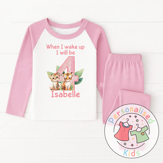 Personalized Safari Animal Birthday Pyjamas – Cute & Comfy for Your Little Explorer! PINK NUMBER