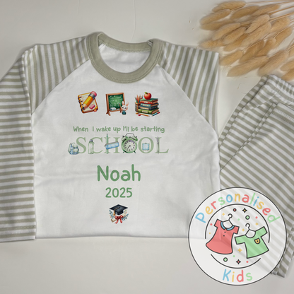 Personalised “When I Wake Up I Will Be Starting School” Pyjamas – Green Stationery Theme