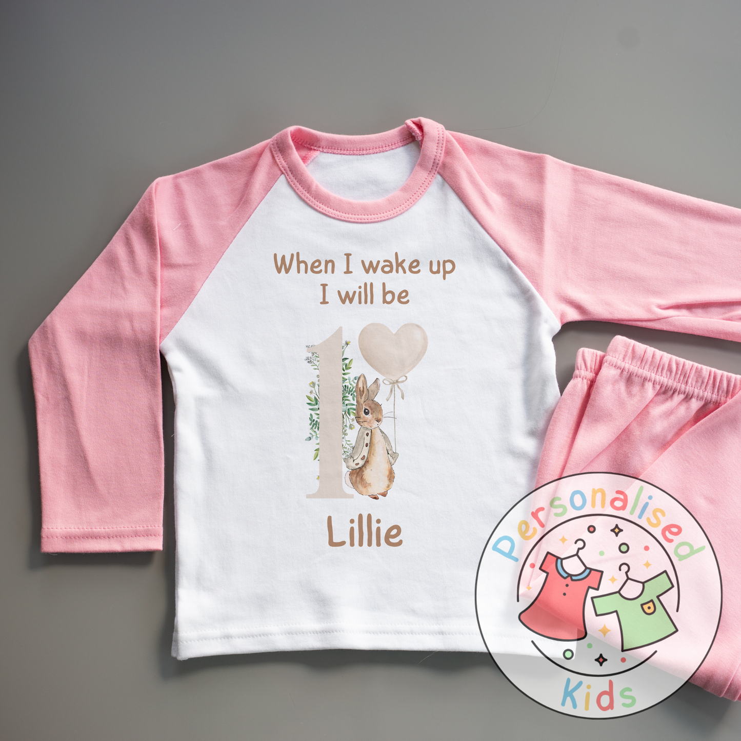 🐰 Personalised "When I Wake Up, I Will Be" Neutral Floppy Rabbit Birthday Pyjamas – Custom Age & Name 🎈