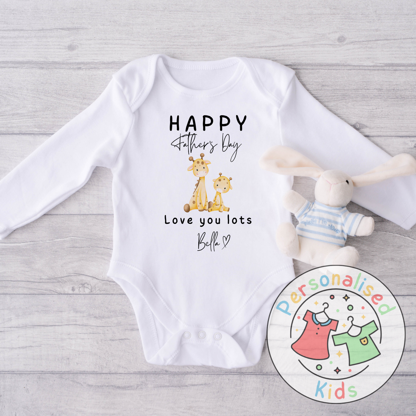 Personalised Father’s Day Baby Grow – Giraffe “Happy Father’s Day” Design