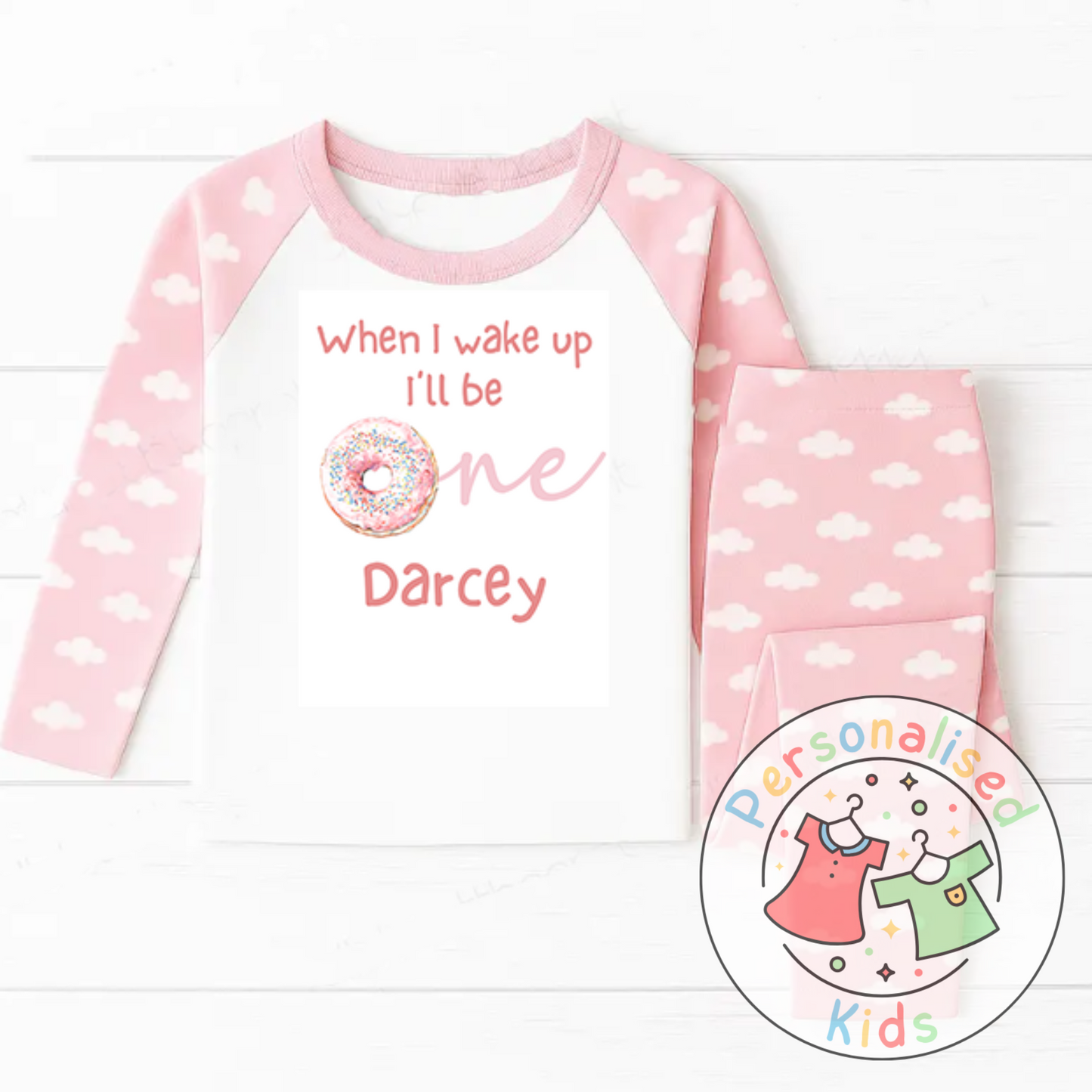 Personalised Donut First Birthday Pyjamas – “When I Wake Up, I’ll Be One” Design