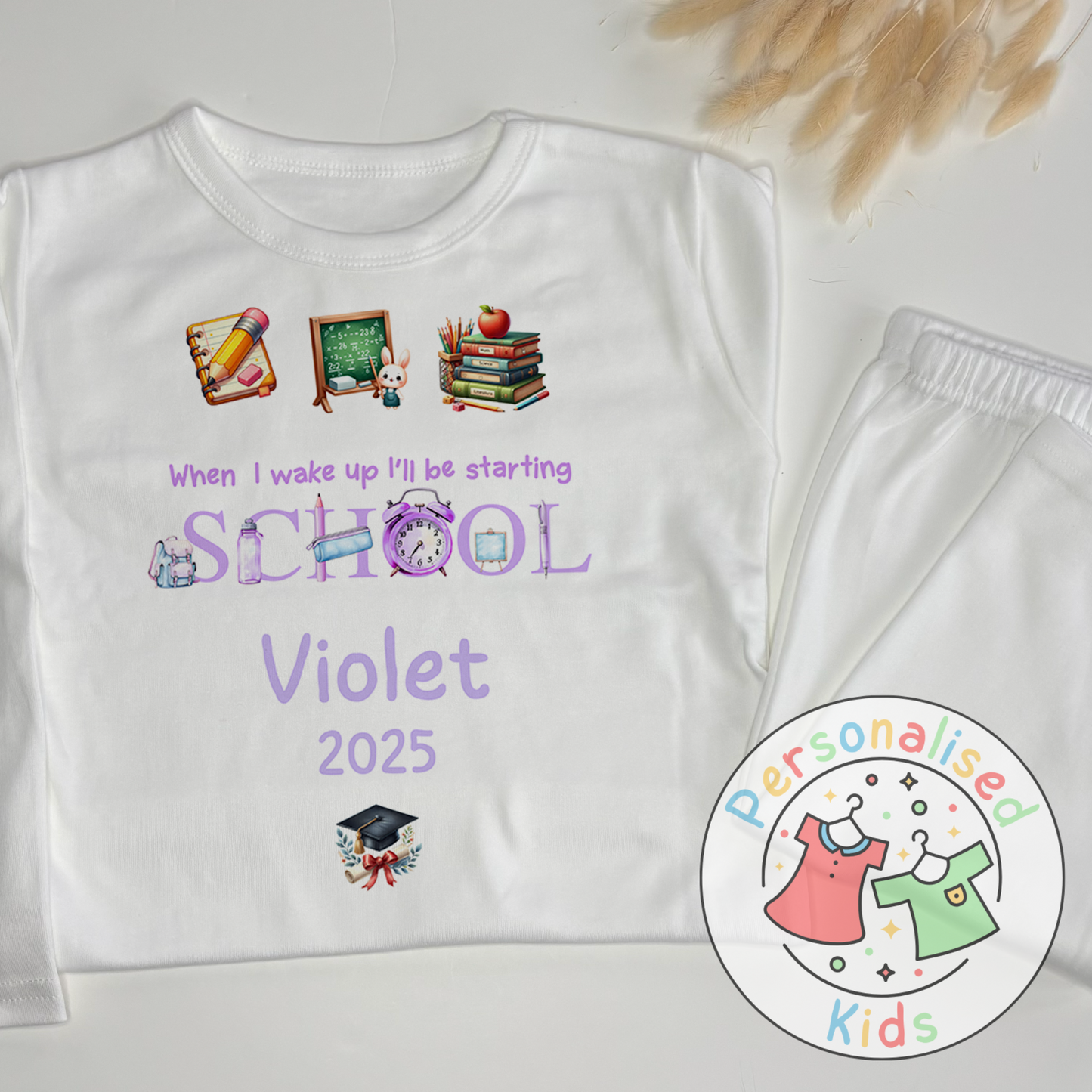 Personalised “When I Wake Up I Will Be Starting School” Pyjamas – Purple Stationery Theme