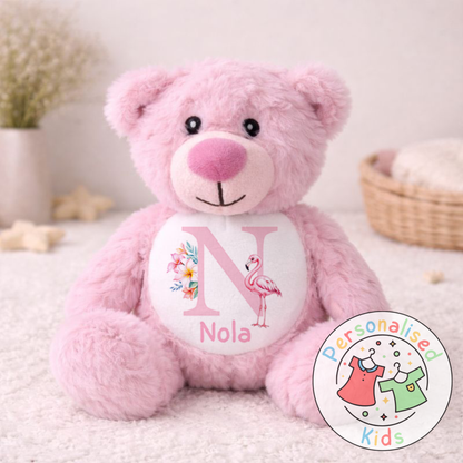 Personalised Pink Flamingo Teddy Bear - Custom Name & Initial Keepsake Gift PF004