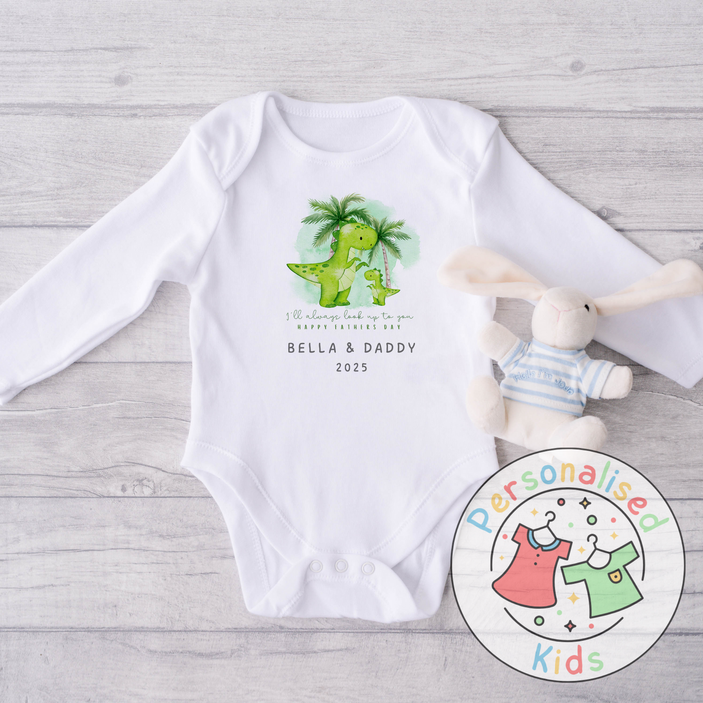 Personalised Father’s Day Baby Grow – “I’ll Always Look Up to You” Dinosaur Design