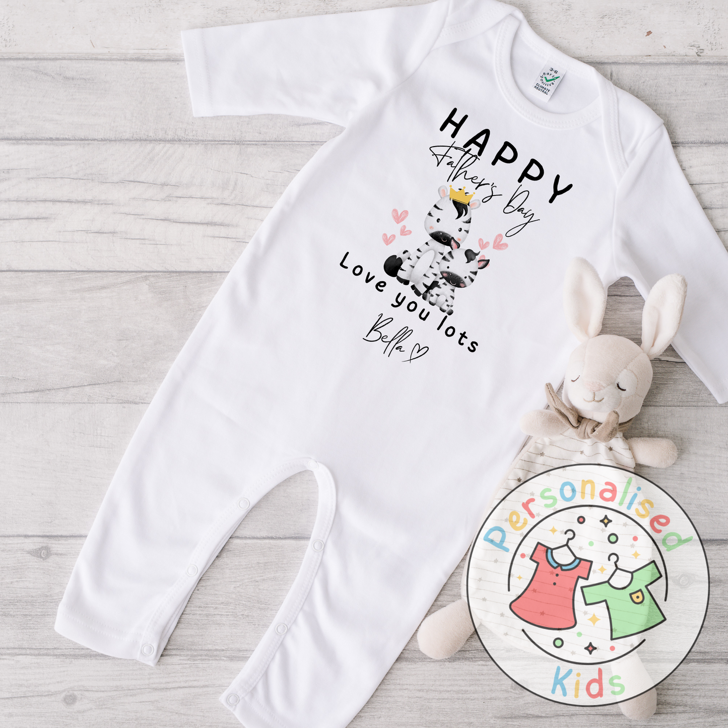 Personalised Father’s Day Baby Grow – Zebra “Happy Father’s Day” Design