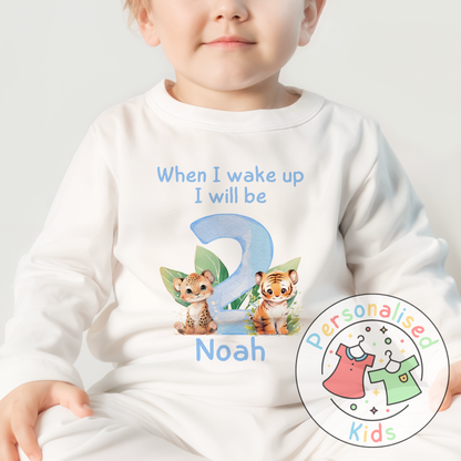 Personalized Safari Animal Birthday Pyjamas – Cute & Comfy for Your Little Explorer! BLUE NUMBER