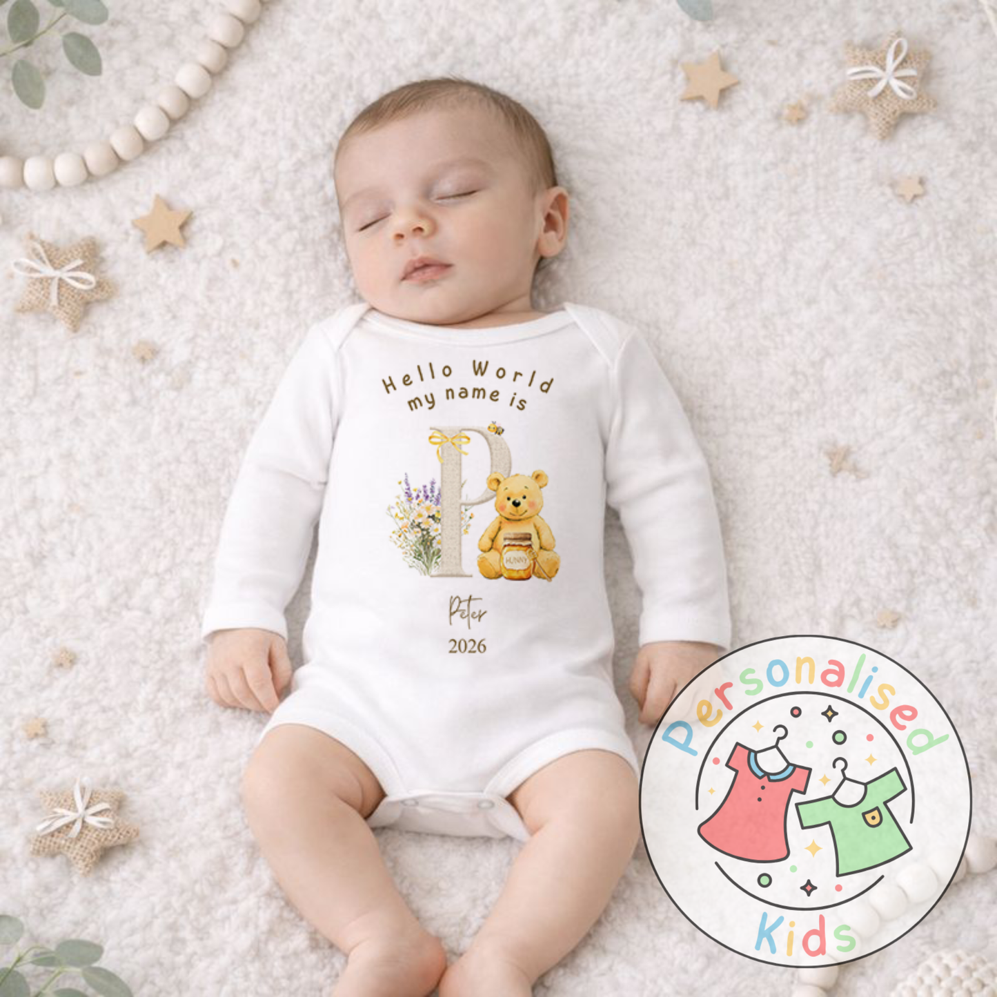 Personalised Hello World Honey Bear Baby Outfit HB002