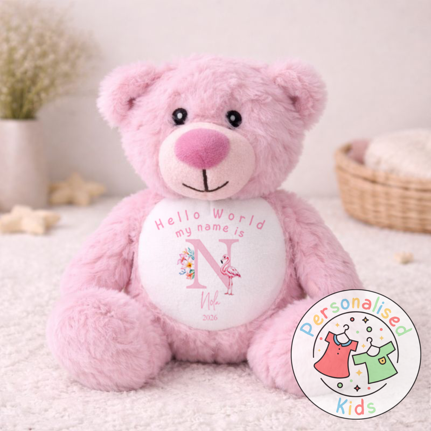 Personalised Pink Flamingo Teddy Bear - Custom Name & Initial Keepsake Gift PF003