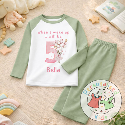 Personalised "When I Wake Up, I Will Be" Pink Floppy Rabbit Birthday Pyjamas – Custom Age & Name