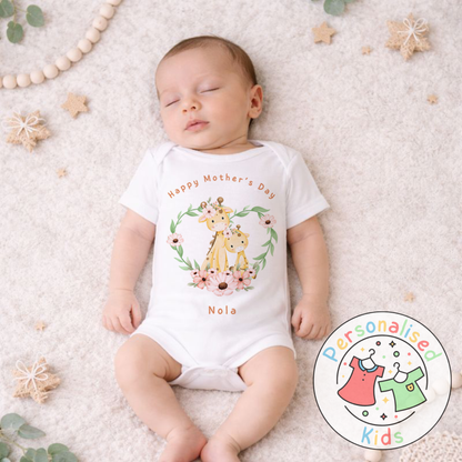 Personalised Mother’s Day Baby Outfit | Giraffe Floral Wreath | Baby Grow, Long Sleeve or Romper MD005
