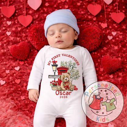 Personalised “My First Valentines” Baby Grow, Long-Sleeved Bodysuit and Romper V018
