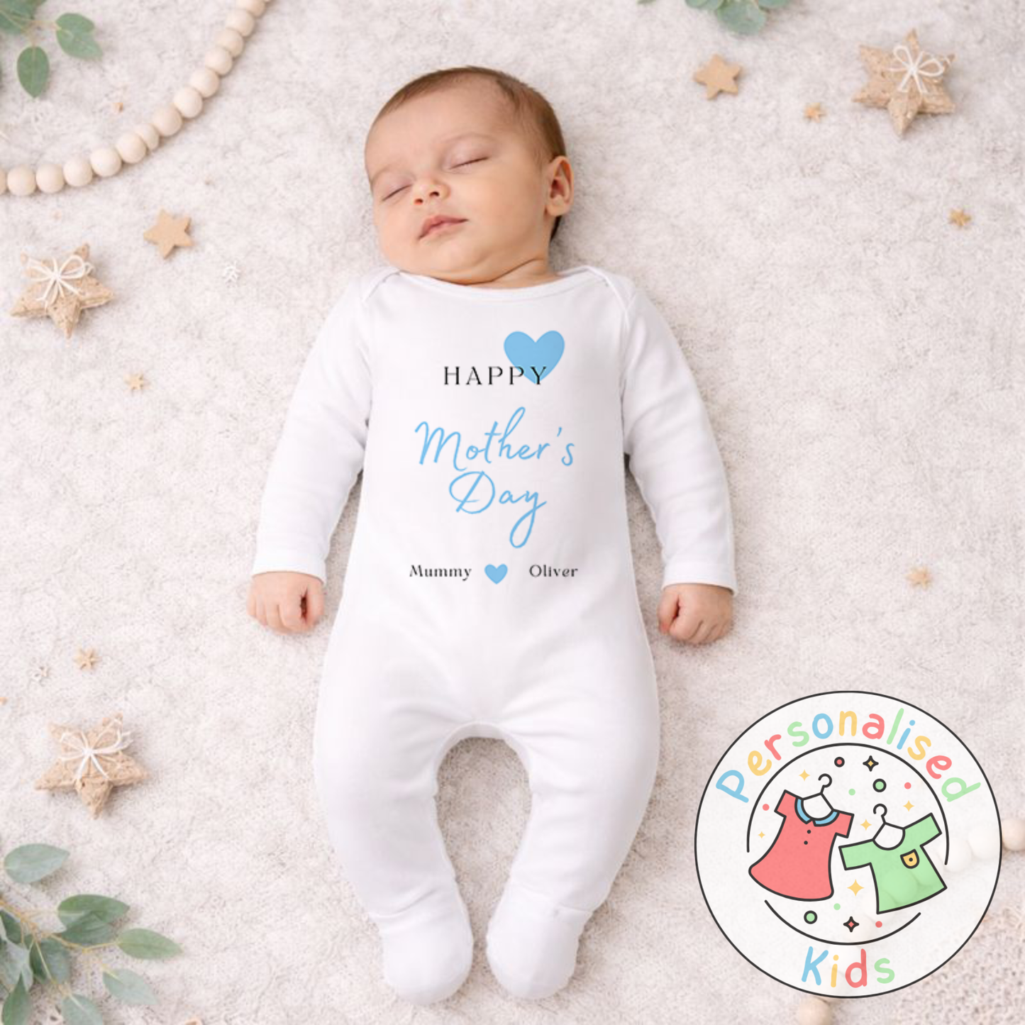 Personalised Mother’s Day Baby Outfit | Blue Heart Design | Baby Grow, Long Sleeve or Romper MD002