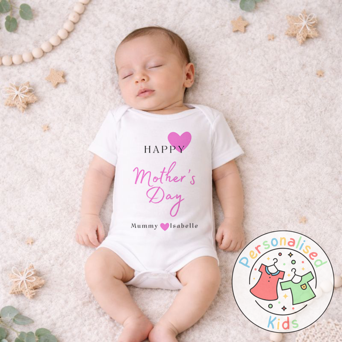 Personalised Mother’s Day Baby Outfit | Pink Heart Design | Baby Grow, Long Sleeve or Romper MD003