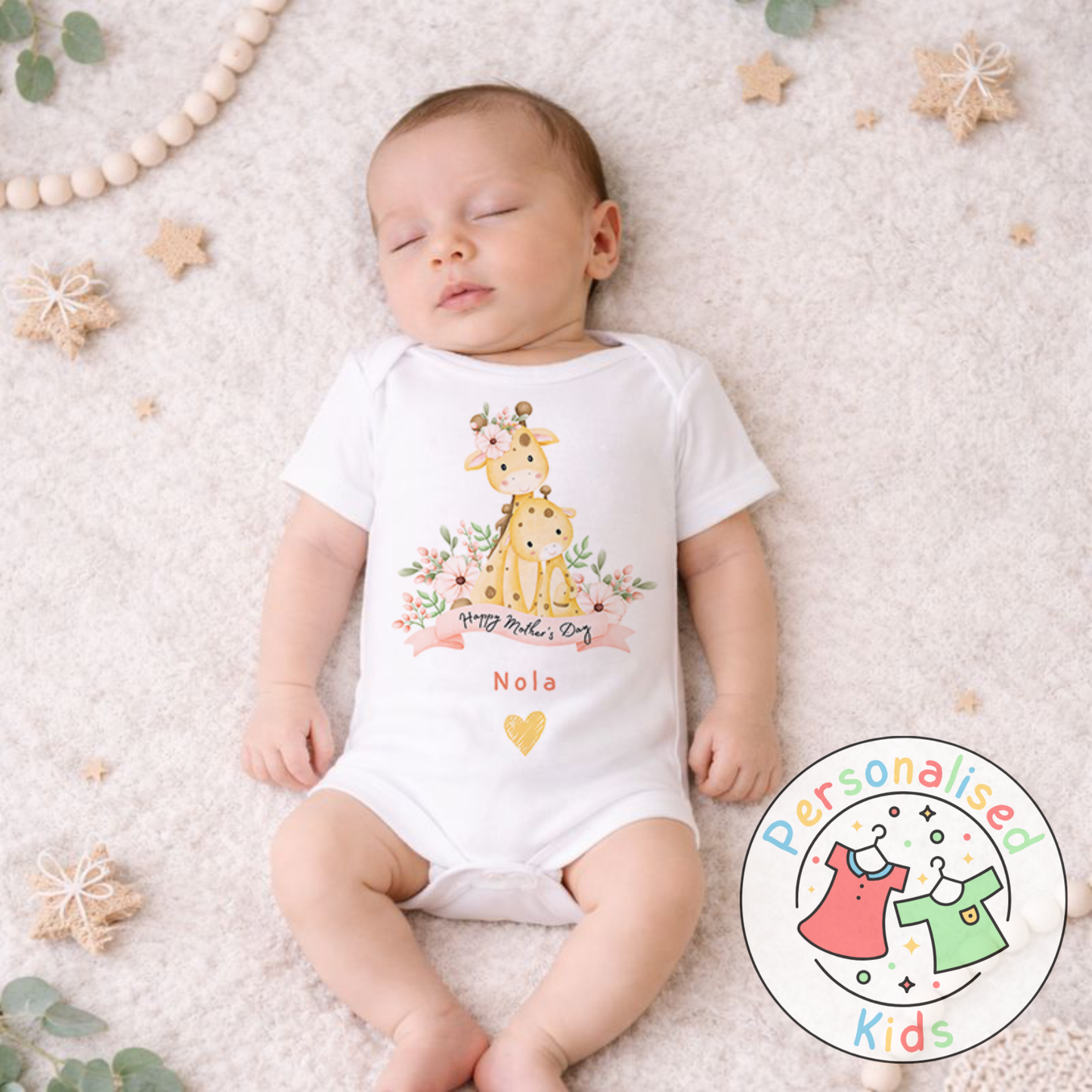 Personalised Mother’s Day Baby Outfit | Cute Giraffe Design | Baby Grow, Long Sleeve or Romper MD004