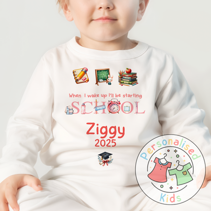 Personalised “When I Wake Up I Will Be Starting School” Pyjamas – Red Stationery Theme