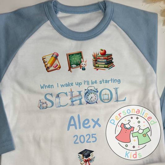 Personalised “When I Wake Up I Will Be Starting School” Pyjamas – Blue Stationery Theme