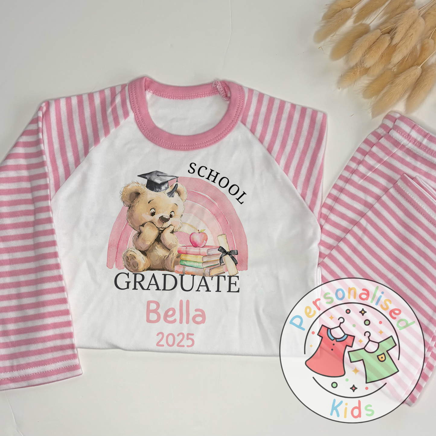 Personalised “GRADUATE” Pyjamas – Pink Rainbow & Bear Graduation Design