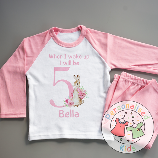 🐰 Personalised "When I Wake Up, I Will Be" Pink Floppy Rabbit Birthday Pyjamas – Custom Age & Name 🎈