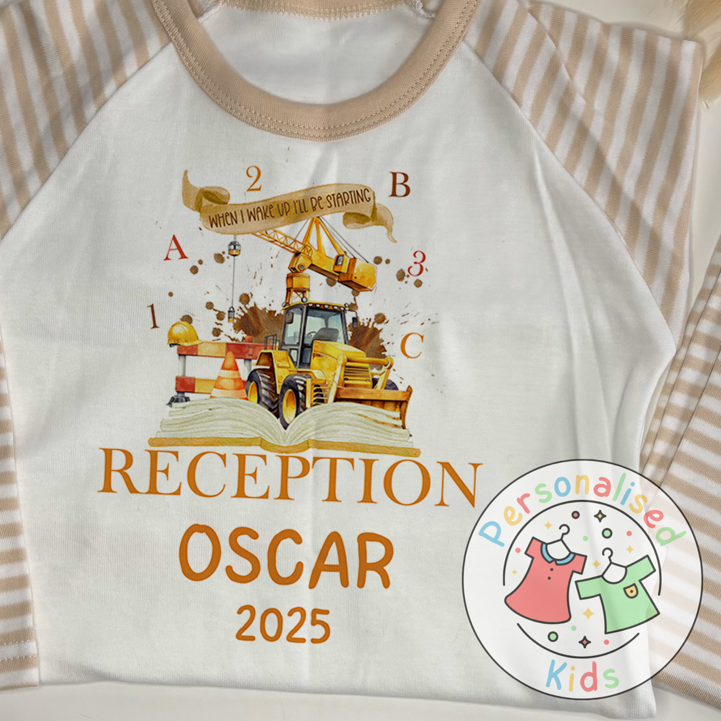 Personalised “When I Wake Up I Will Be Starting” Pyjamas – School & Digger Themed