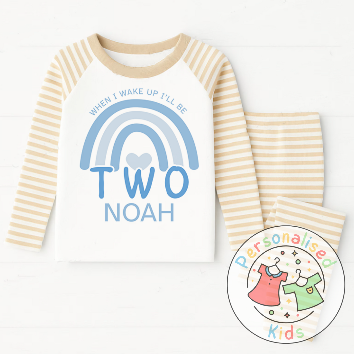 Personalised Blue Rainbow Birthday Pyjamas – “When I Wake Up, I Will Be” Design