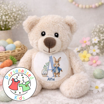 Personalised Easter Teddy Bear - Blue Bunny Initial Design BE003