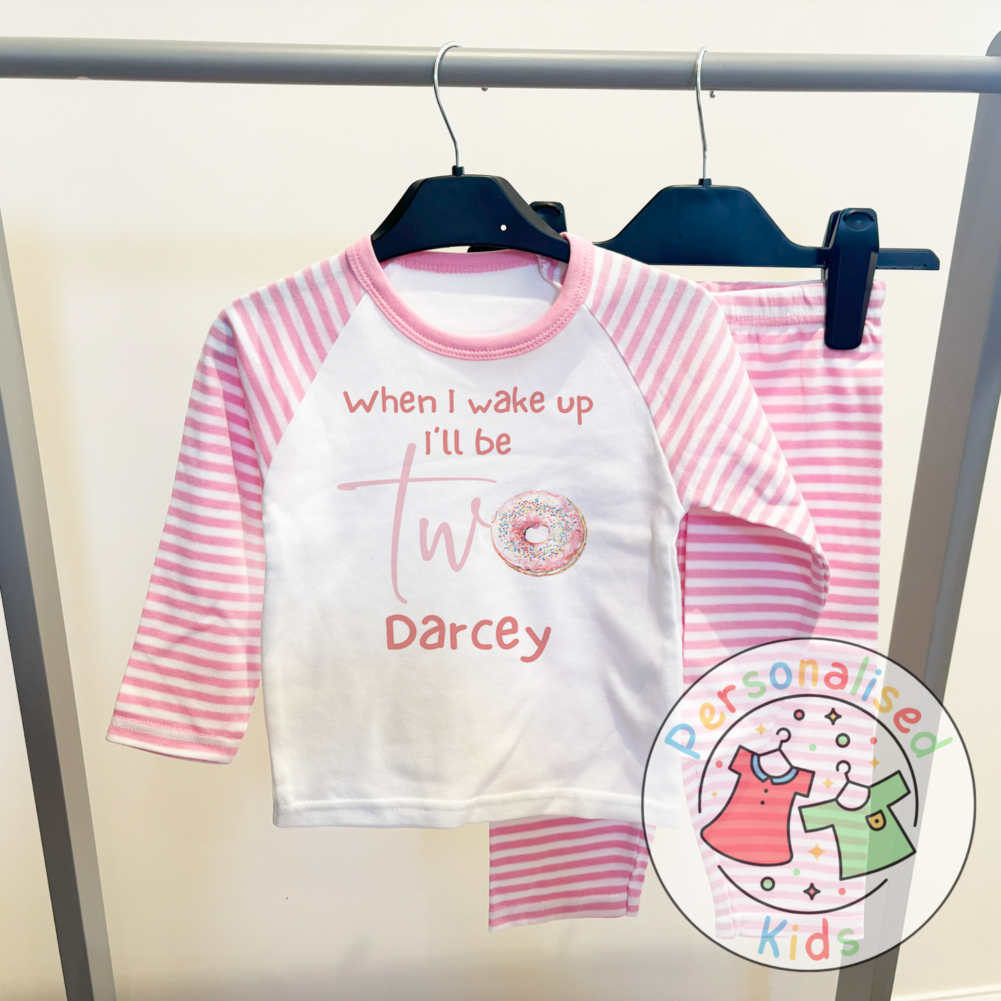 Personalised Donut Second Birthday Pyjamas – “When I Wake Up, I’ll Be Two” Design
