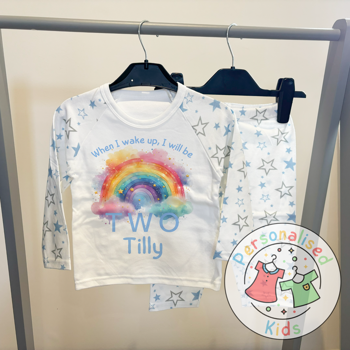 🌈 Personalised Colorful Rainbow "When I Wake Up I Will Be" Birthday Pyjamas – Custom Age & Name 🌟
