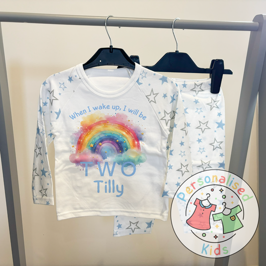 🌈 Personalised Colorful Rainbow "When I Wake Up I Will Be" Birthday Pyjamas – Custom Age & Name 🌟