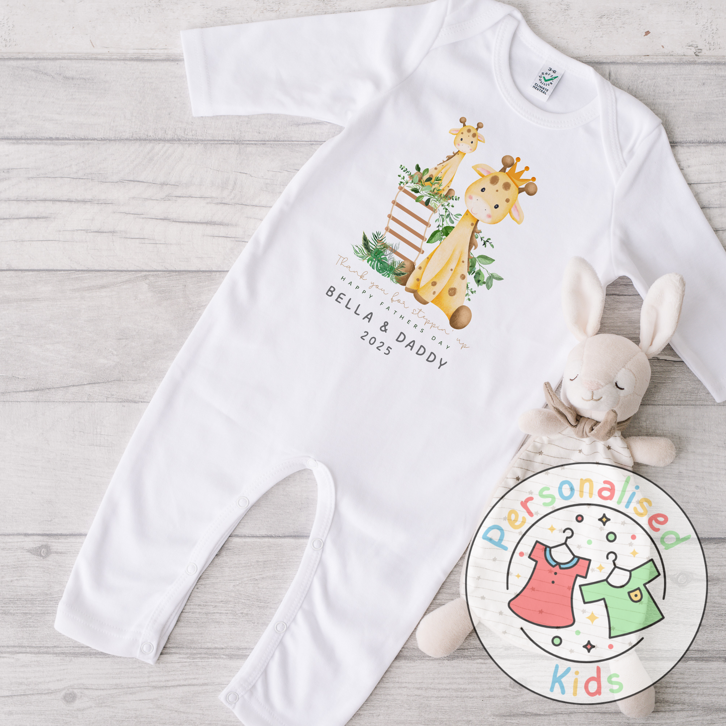Personalised Father’s Baby Grow – “Thank You for Stepping Up” Giraffe Design