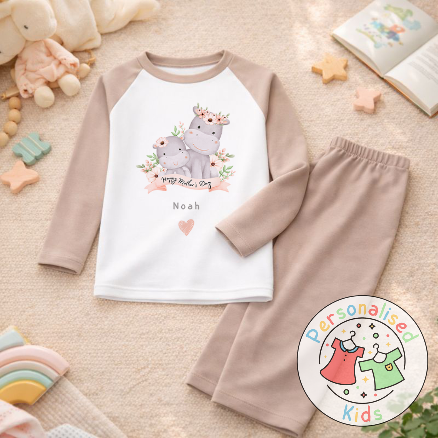 Personalised Mother’s Day Kids Pyjamas – Mummy & Baby Hippo MD006