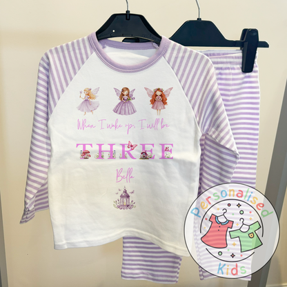 Personalised Fairy Birthday Pyjamas – “When I Wake Up, I Will Be” Design - purple words