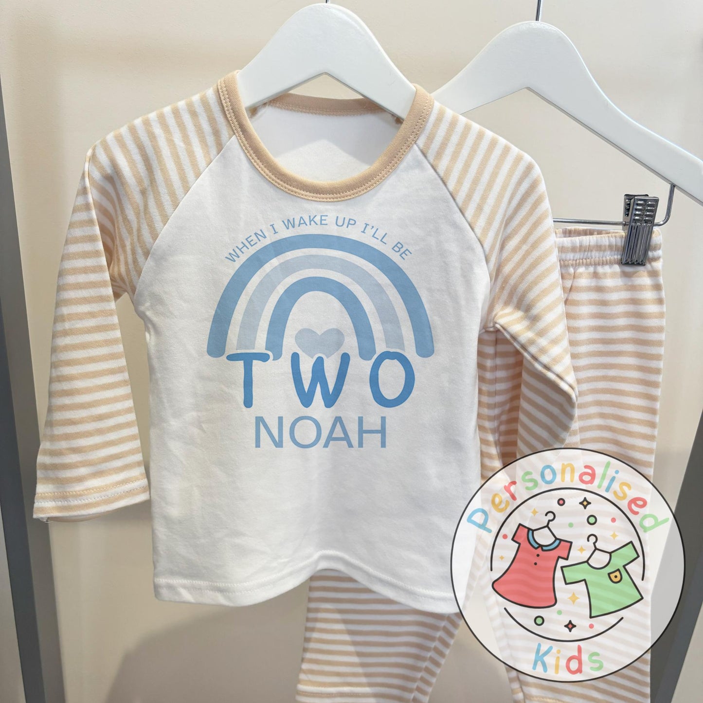 Personalised Blue Rainbow Birthday Pyjamas – “When I Wake Up, I Will Be” Design