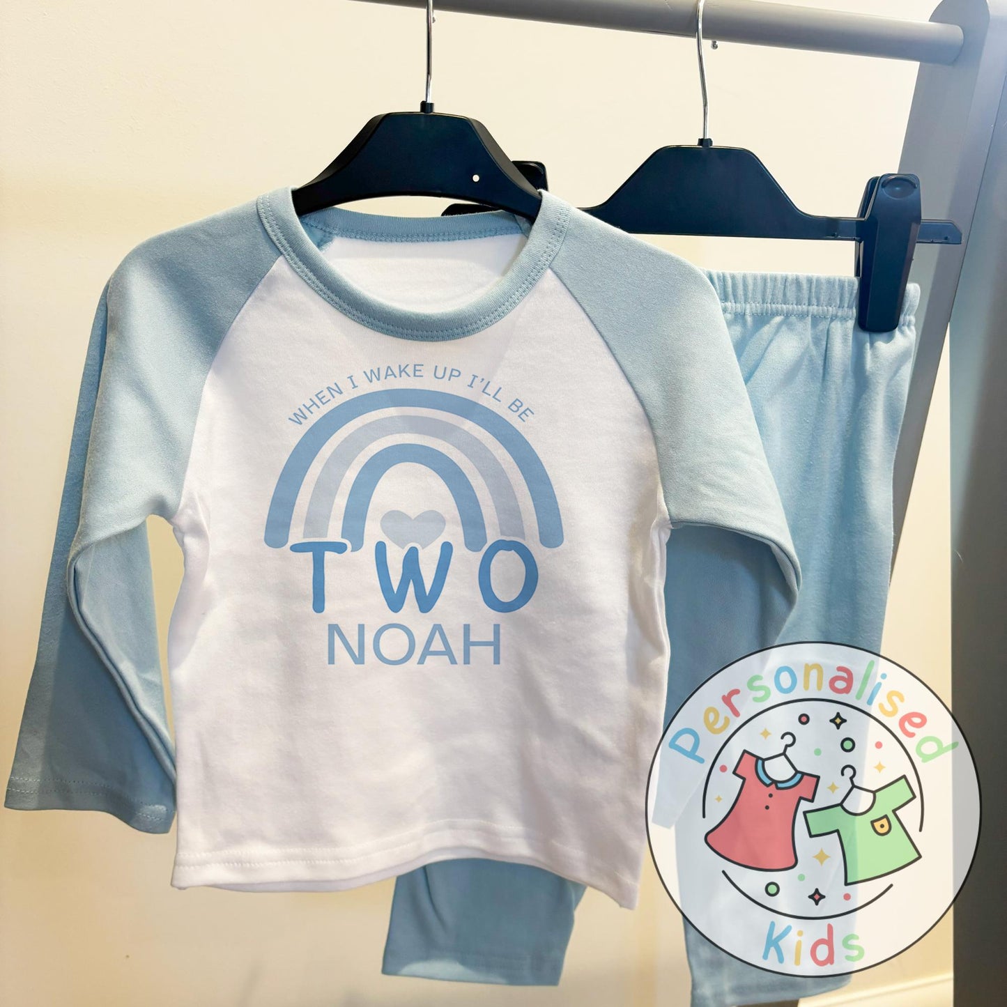 Personalised Blue Rainbow Birthday Pyjamas – “When I Wake Up, I Will Be” Design