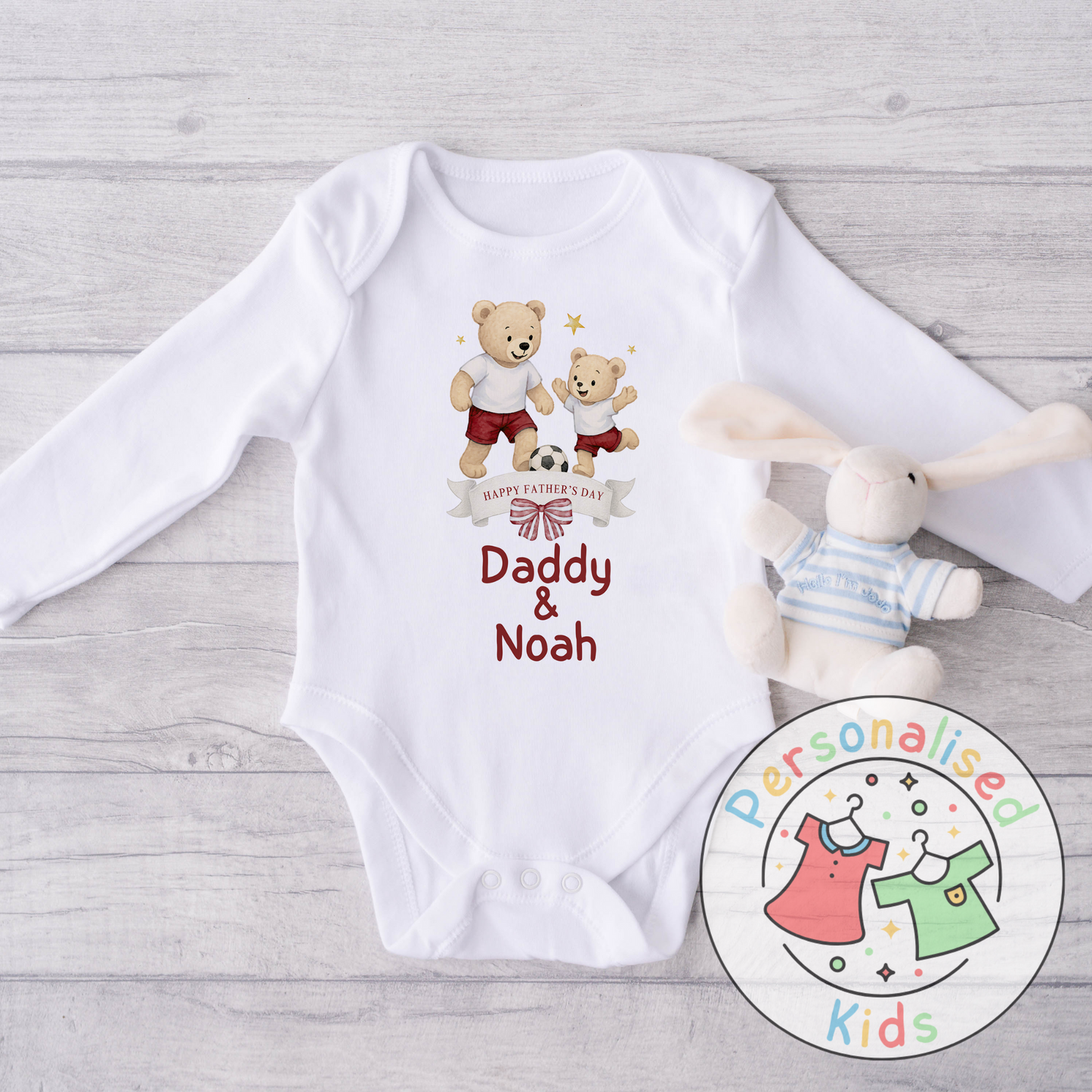Personalised Father’s Day Baby Grow – Daddy & Me Teddy Bears Playing Football