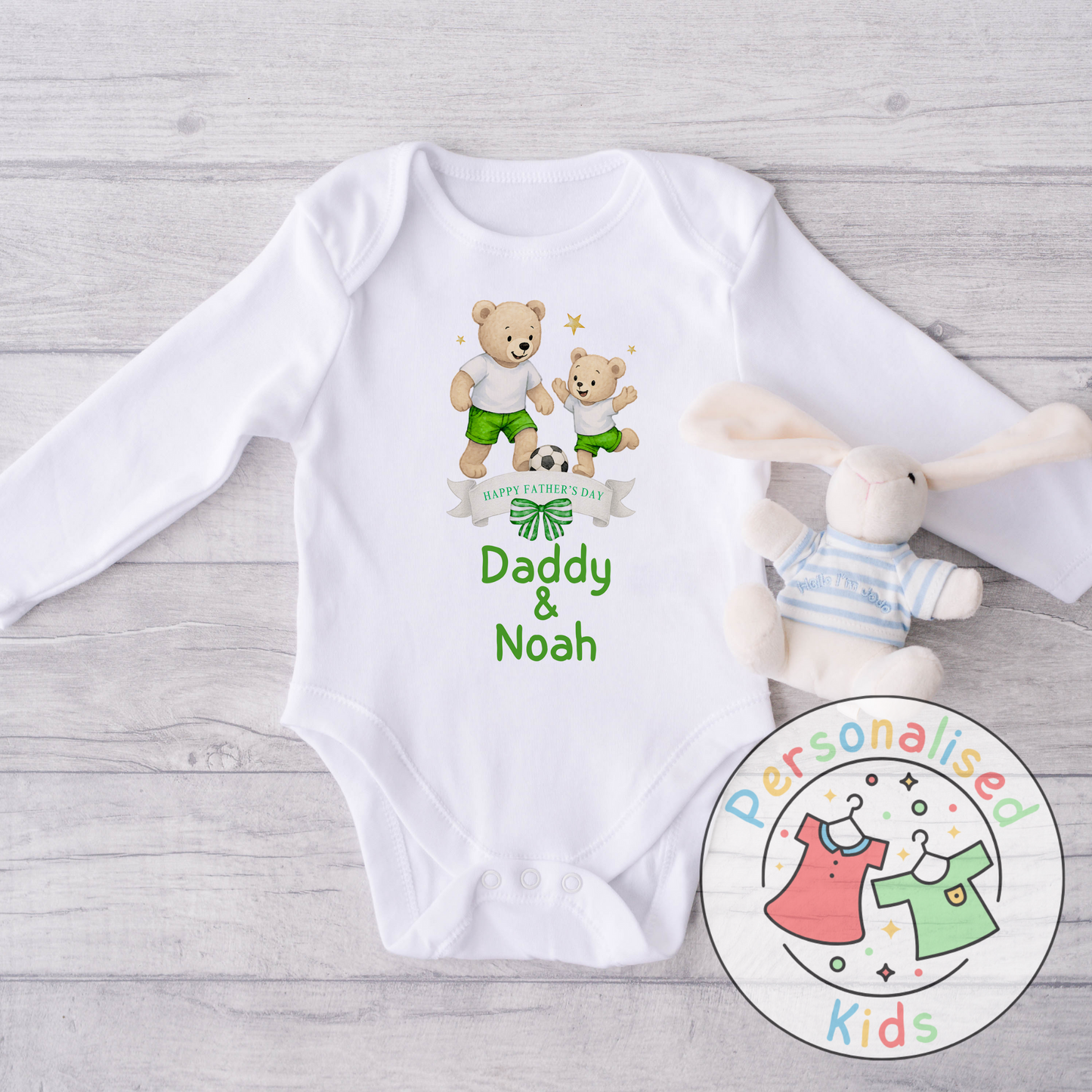 Personalised Father’s Day Baby Grow – Daddy & Me Teddy Bears Playing Football