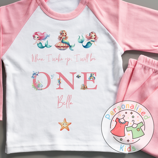 Personalised Mermaid Birthday Pyjamas – “When I Wake Up, I Will Be” Design PINK WORD