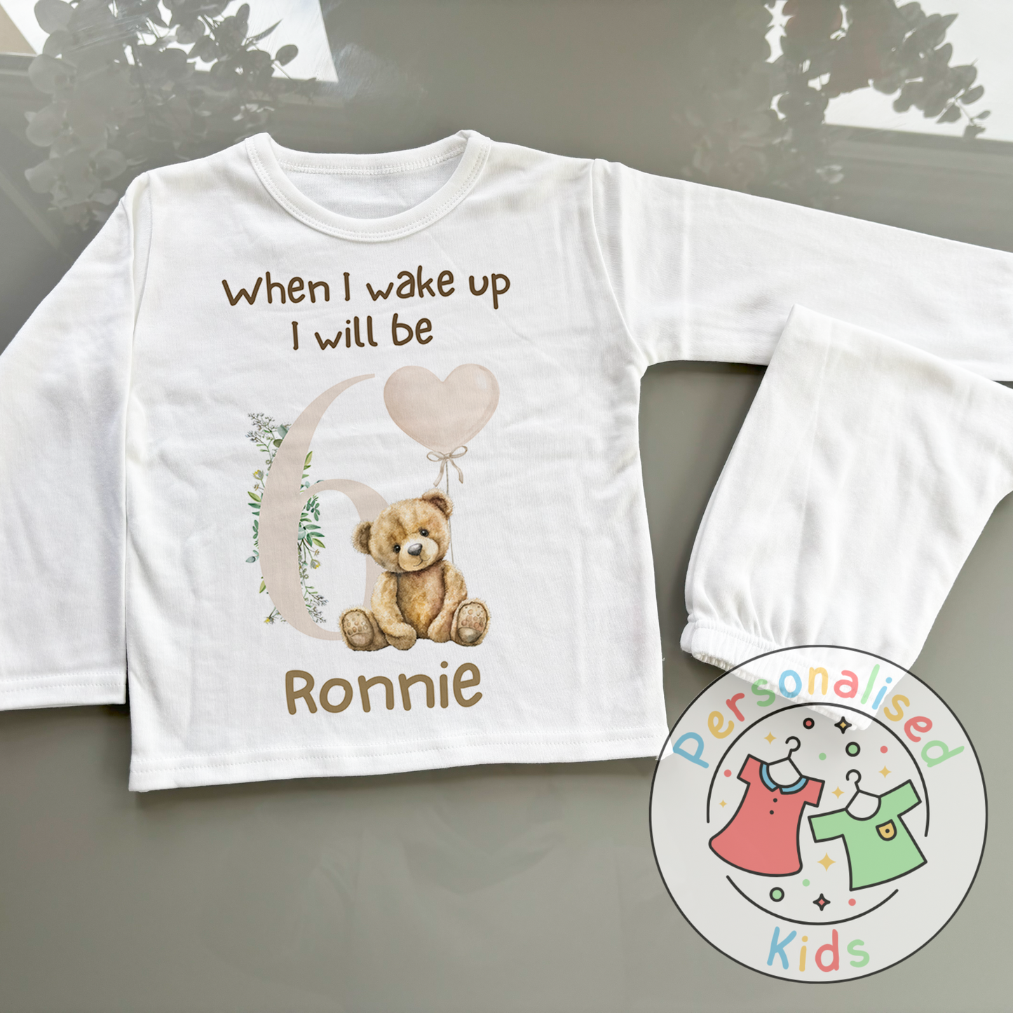 🧸 Personalised "When I Wake Up, I Will Be" Teddy Bear Birthday Pyjamas – Neutral Balloon Design 🎈