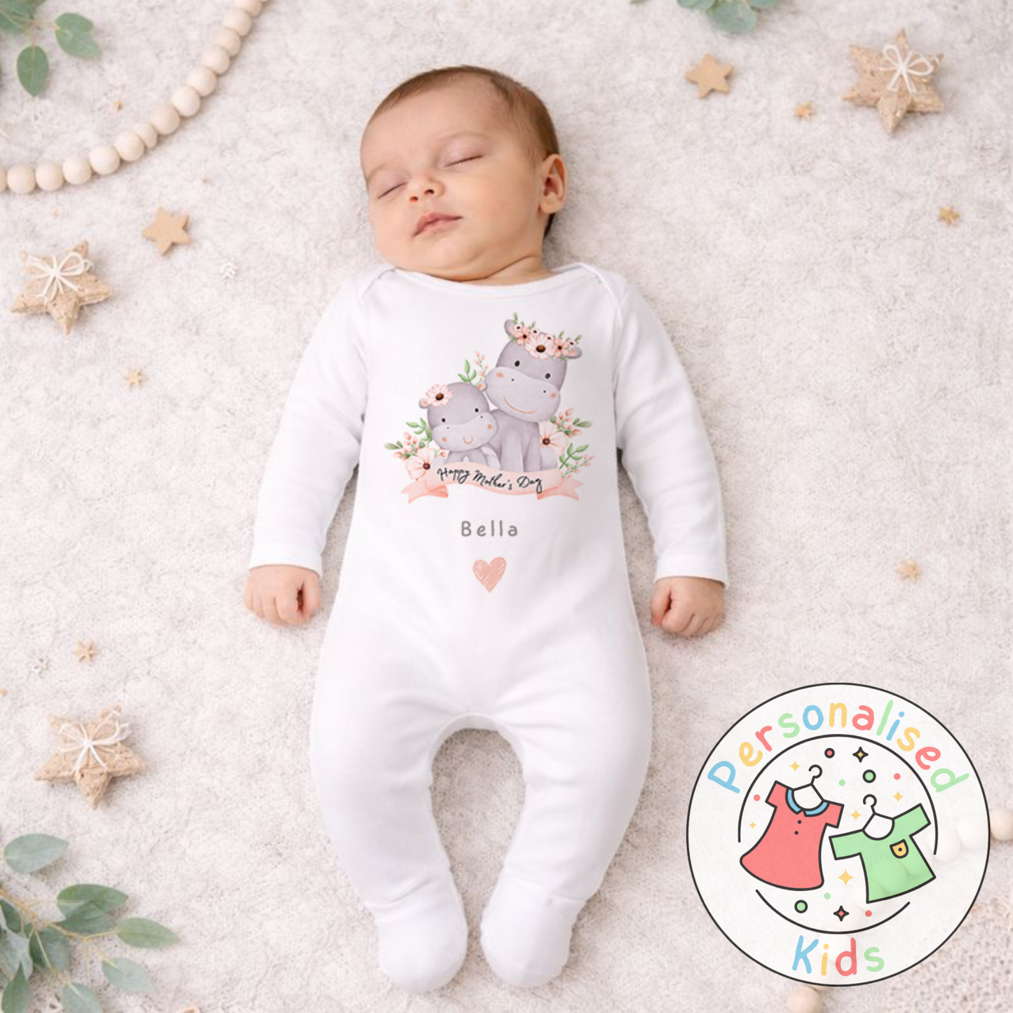Personalised Mother’s Day Baby Outfit (Hippo Design) – Baby Grow / Long Sleeve / Romper | MD006