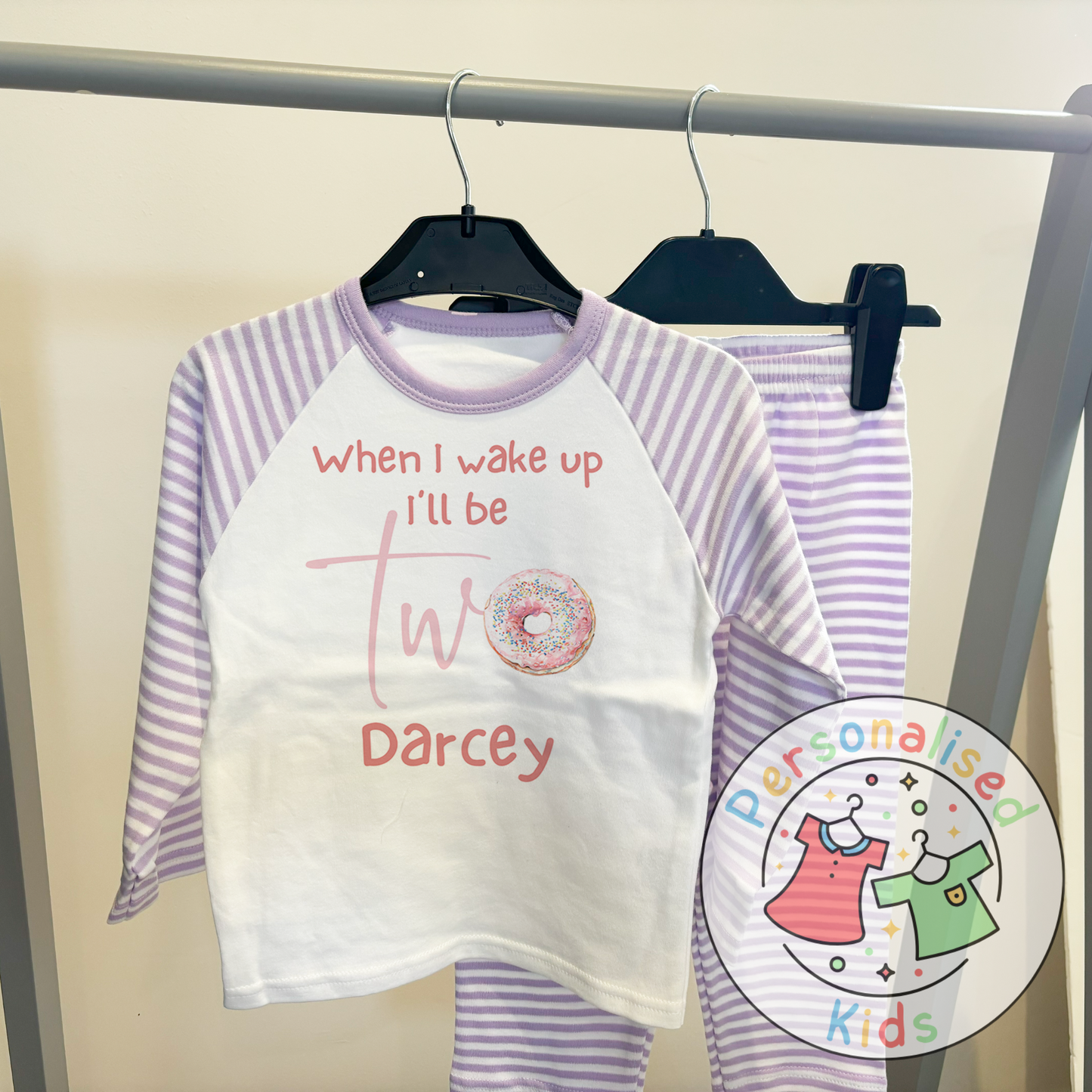 Personalised Donut Second Birthday Pyjamas – “When I Wake Up, I’ll Be Two” Design