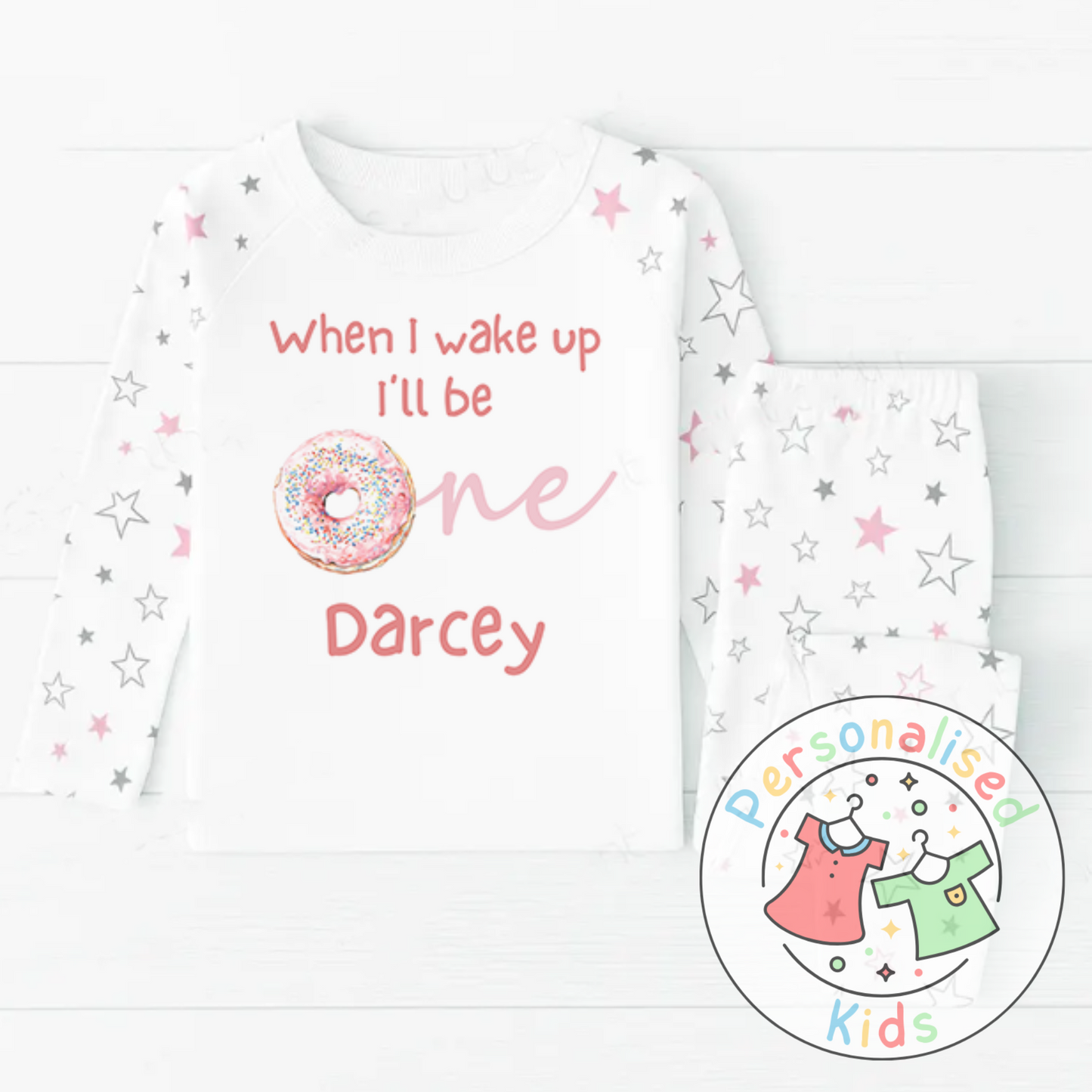 Personalised Donut First Birthday Pyjamas – “When I Wake Up, I’ll Be One” Design