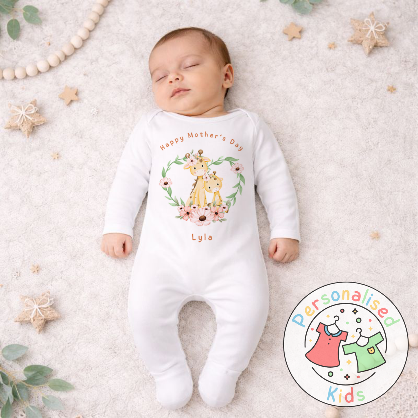 Personalised Mother’s Day Baby Outfit | Giraffe Floral Wreath | Baby Grow, Long Sleeve or Romper MD005