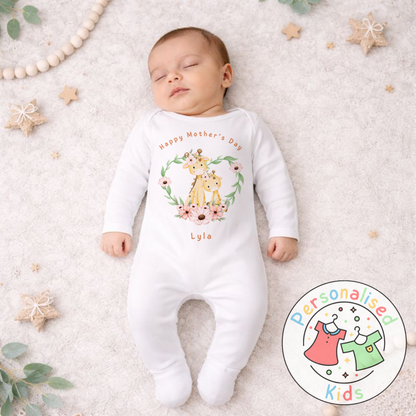 Personalised Mother’s Day Baby Outfit | Giraffe Floral Wreath | Baby Grow, Long Sleeve or Romper MD005