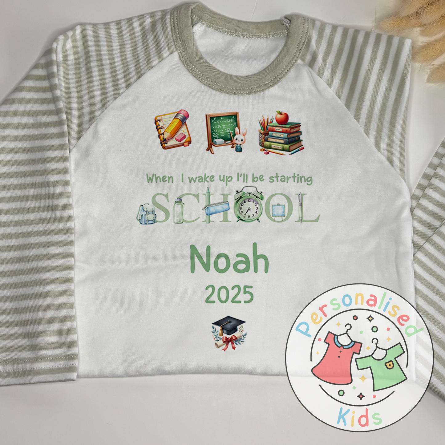 Personalised “When I Wake Up I Will Be Starting School” Pyjamas – Green Stationery Theme