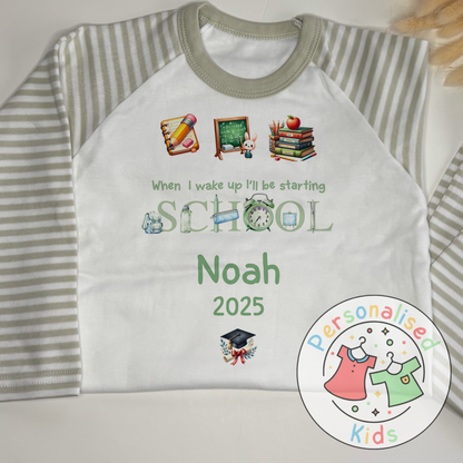 Personalised “When I Wake Up I Will Be Starting School” Pyjamas – Green Stationery Theme