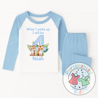 Personalized Safari Animal Birthday Pyjamas – Cute & Comfy for Your Little Explorer! BLUE NUMBER