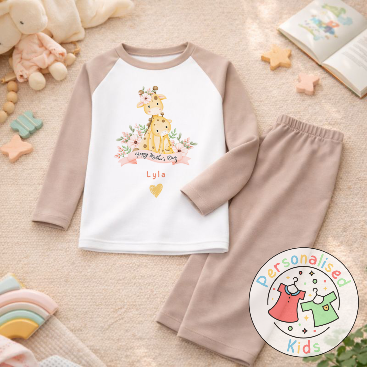 Personalised Mother’s Day Kids Pyjamas | Cute Giraffe Design | Custom Name MD004