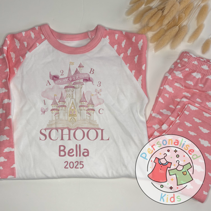 Personalised “When I Wake Up I Will Be Starting” Pyjamas – Fairy Castle & School Theme