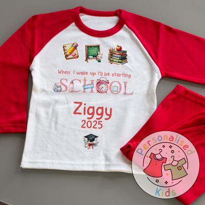 Personalised “When I Wake Up I Will Be Starting School” Pyjamas – Red Stationery Theme